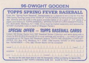 1987 Topps Stickers #96 Dwight Gooden Back