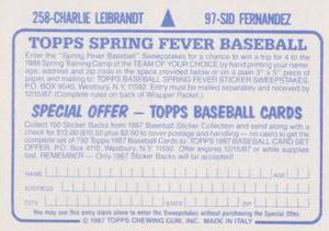 1987 Topps Stickers #97 / 258 Sid Fernandez / Charlie Leibrandt Back