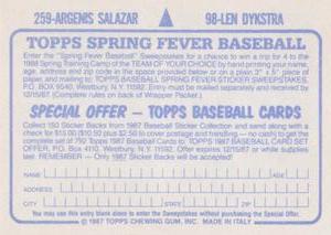1987 Topps Stickers #98 / 259 Len Dykstra / Angel Salazar Back