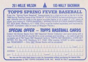 1987 Topps Stickers #100 / 261 Wally Backman / Willie Wilson Back