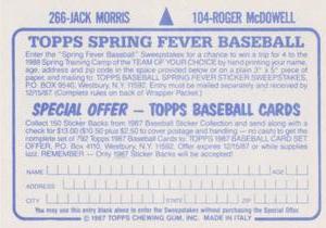 1987 Topps Stickers #104 / 266 Roger McDowell / Jack Morris Back