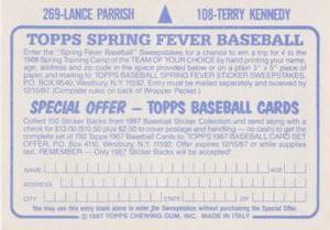 1987 Topps Stickers #108 / 269 Terry Kennedy / Lance Parrish Back