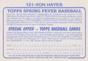 1987 Topps Stickers #121 Von Hayes Back