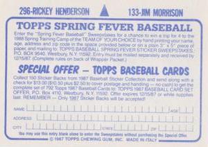1987 Topps Stickers #133 / 296 Jim Morrison / Rickey Henderson Back