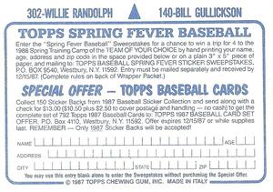 1987 Topps Stickers #140 / 302 Bill Gullickson / Willie Randolph Back