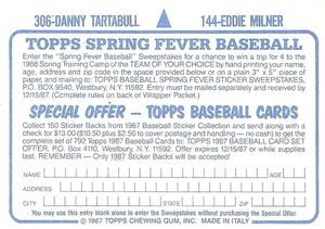 1987 Topps Stickers #144 / 306 Eddie Milner / Danny Tartabull Back