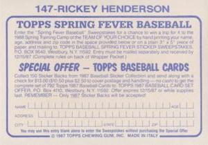 1987 Topps Stickers #147 Rickey Henderson Back