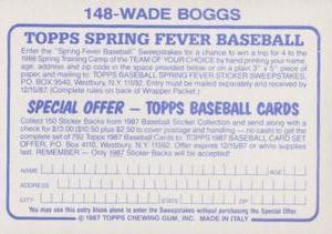 1987 Topps Stickers #148 Wade Boggs Back
