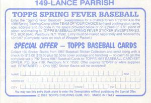 1987 Topps Stickers #149 Lance Parrish Back