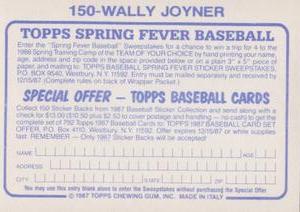 1987 Topps Stickers #150 Wally Joyner Back