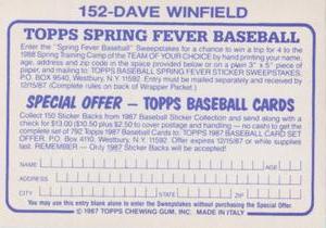 1987 Topps Stickers #152 Dave Winfield Back