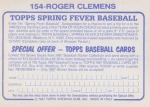 1987 Topps Stickers #154 Roger Clemens Back
