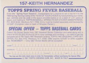 1987 Topps Stickers #157 Keith Hernandez Back