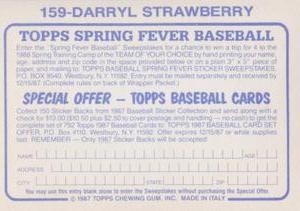 1987 Topps Stickers #159 Darryl Strawberry Back