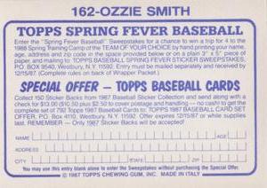 1987 Topps Stickers #162 Ozzie Smith Back
