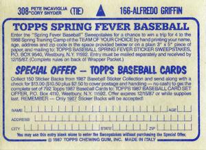 1987 Topps Stickers #166 / 308 Alfredo Griffin / Pete Incaviglia / Cory Snyder Back