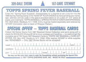 1987 Topps Stickers #167 / 309 Dave Stewart / Dale Sveum Back