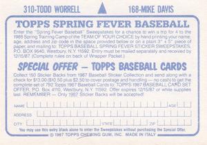 1987 Topps Stickers #168 / 310 Mike Davis / Todd Worrell Back