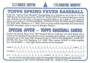 1987 Topps Stickers #170 / 312 Dwayne Murphy / Bruce Ruffin Back