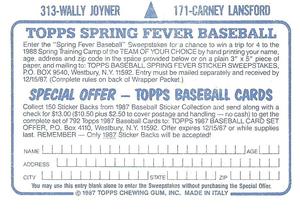 1987 Topps Stickers #171 / 313 Carney Lansford / Wally Joyner Back