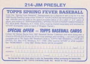 1987 Topps Stickers #214 Jim Presley Back