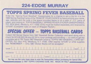 1987 Topps Stickers #224 Eddie Murray Back
