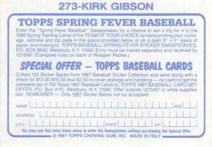 1987 Topps Stickers #273 Kirk Gibson Back