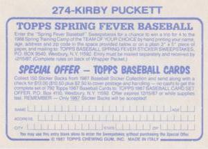 1987 Topps Stickers #274 Kirby Puckett Back