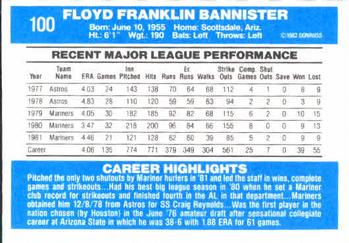 1982 Donruss #100 Floyd Bannister Back