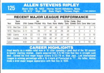 1982 Donruss #125 Allen Ripley Back