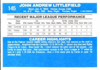 1982 Donruss #145 John Littlefield Back
