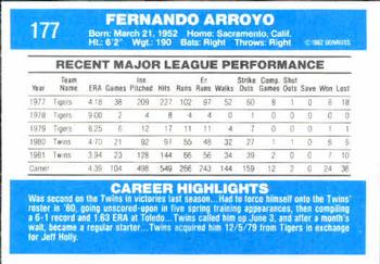 1982 Donruss #177 Fernando Arroyo Back