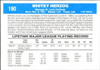1982 Donruss #190 Whitey Herzog Back
