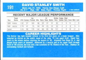 1982 Donruss #191 Dave Smith Back