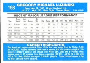 1982 Donruss #193 Greg Luzinski Back