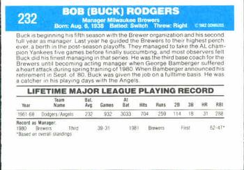 1982 Donruss #232 Bob Rodgers Back