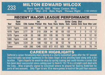 1982 Donruss #233 Milt Wilcox Back