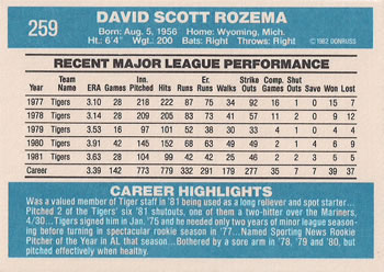 1982 Donruss #259 Dave Rozema Back