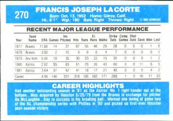 1982 Donruss #270 Frank LaCorte Back
