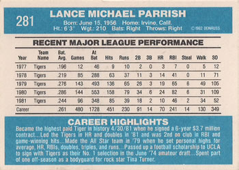 1982 Donruss #281 Lance Parrish Back