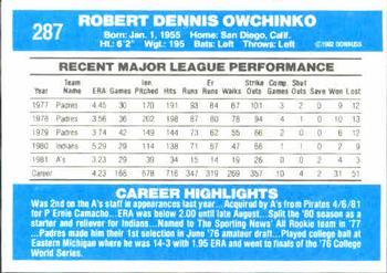 1982 Donruss #287 Bob Owchinko Back