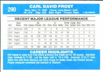 1982 Donruss #290 Dave Frost Back