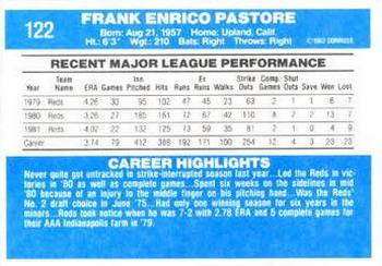 1982 Donruss #122 Frank Pastore Back