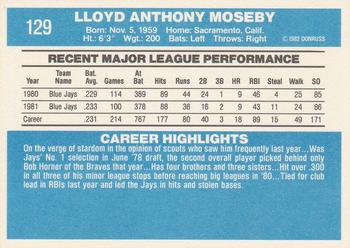 1982 Donruss #129 Lloyd Moseby Back