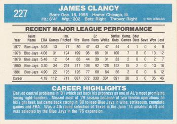 1982 Donruss #227 Jim Clancy Back