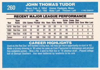 1982 Donruss #260 John Tudor Back