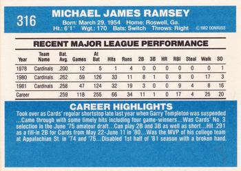 1982 Donruss #316 Mike Ramsey Back