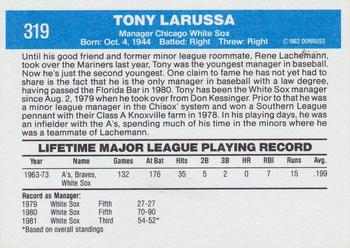 1982 Donruss #319 Tony LaRussa Back