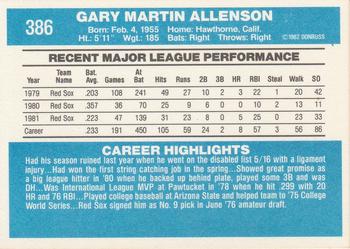 1982 Donruss #386 Gary Allenson Back