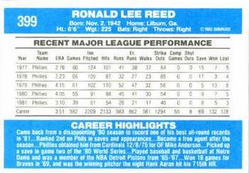 1982 Donruss #399 Ron Reed Back